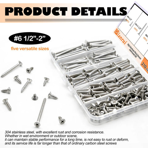 Close-up of Heavy Duty 304 Stainless Steel Screws Assortment Kit With Flat Head Wood Screws for no sweat DIY repairs, showcasing five sizes.