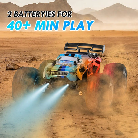 All Terrain 2.4GHz RC Monster Truck With LED Body Lights 20 Kmh Speed Dual Rechargeable Batteries Off Road Toy Car for Boys racing on desert terrain