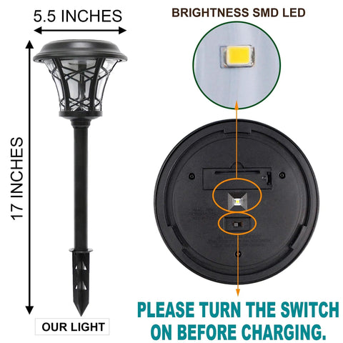 Diagram of 6 Pack Solar Powered Pathway Lights, 25 Lumen SMD LED showing dimensions and switch with stainless steel and glass design