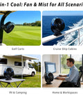 Magnetic Golf Cart Fan With Mist And Light 12000mAh Power Bank shown in versatile use scenarios including golf carts and RVs