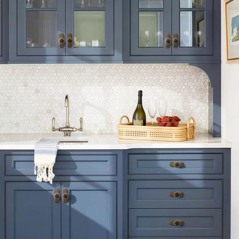 Blue kitchen cabinets with Vintage Brass Cabinet Knobs With Backplates 4 Pack For Kitchen And Dresser Cabinets, Drawer Pulls