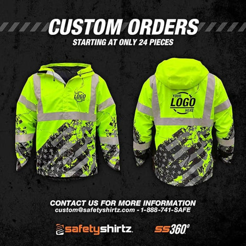 Hi Vis Rain Jacket For Men With Waterproof Shell And Mesh Lining, Drawcord Hood And Hem, Class 3 Type R, ANSI ISEA 107-2015, Yellow, X Large, rear and front view