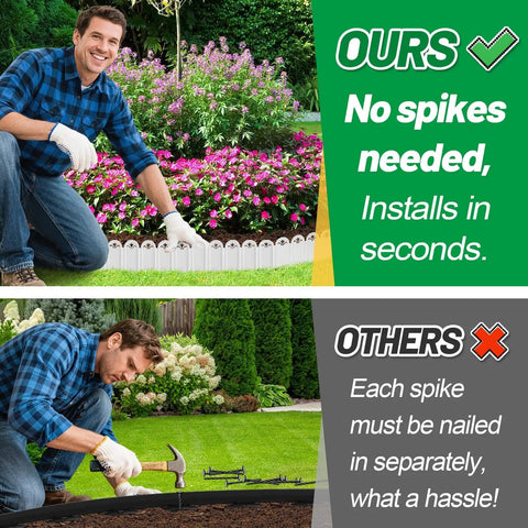 Comparison of Easy Install Garden Landscape Edging Kit and traditional edging methods with a man installing both in a garden