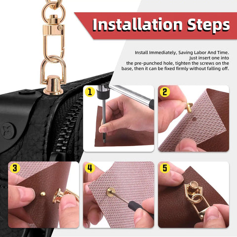 Installation steps for Bronze D Ring Rivet Set For Leather Purses And Handbags 21 Piece Kit With D Ring Screws illustrated