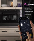 Compact Countertop Dishwasher With Smart Wifi Connectivity Six Wash Cycles Energy Star visible with smartphone control settings.