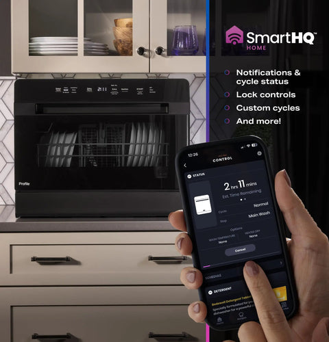 Compact Countertop Dishwasher With Smart Wifi Connectivity Six Wash Cycles Energy Star visible with smartphone control settings.