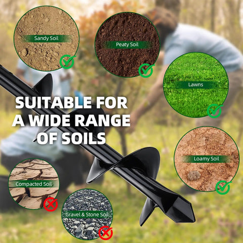 Two In One Hand Drill Auger Post Hole Digger for planting in various soils including sandy, peaty, loamy, and lawns.