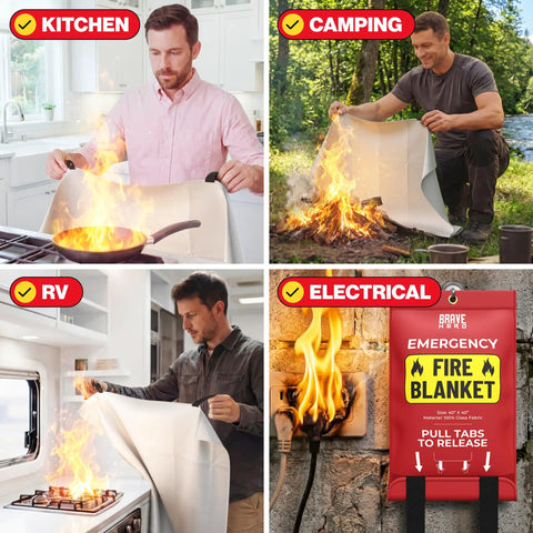 All In One Fire Safety Kit With Four Kitchen Fire Blankets, Two Pairs Of Gloves, Four KN95 Masks And Hooks For Quick Fire Suppression