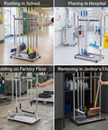 Go-To Floor Standing Mop And Broom Storage Rack For Schools, Factories, And Maintenance Crews - Heavy-Duty Cleaning Tool Holder, Movable Organizer, Keeps Cleaning Supplies Neat, Accessible, Ready To Use, stainless steel, wheeled