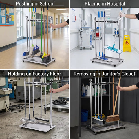 Go-To Floor Standing Mop And Broom Storage Rack For Schools, Factories, And Maintenance Crews - Heavy-Duty Cleaning Tool Holder, Movable Organizer, Keeps Cleaning Supplies Neat, Accessible, Ready To Use, stainless steel, wheeled
