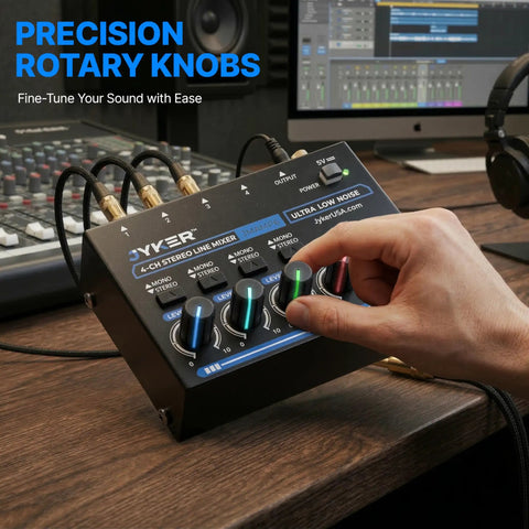 Hand adjusting knobs on Four Channel Stereo Line Mixer For Studio Stage And Rehearsal Setups Compact USB C Powered Audio Mixer