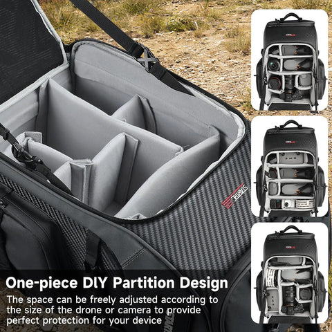 40L Outdoor Drone Backpack With DIY One Piece Partition Ultra Roomy Space For 2 To 3 Drones Or Cameras open view