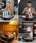 JAYEGT Motorized Rotating Display Stand, 10-Inch Mirror Finish Turntable showcased with cosmetics, gift wrapping, and a wine glass.