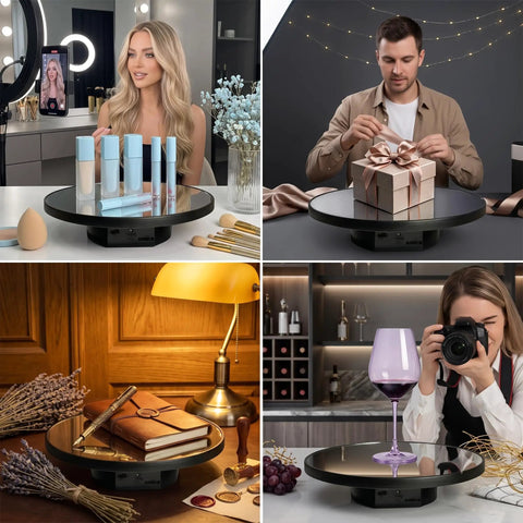 JAYEGT Motorized Rotating Display Stand, 10-Inch Mirror Finish Turntable showcased with cosmetics, gift wrapping, and a wine glass.