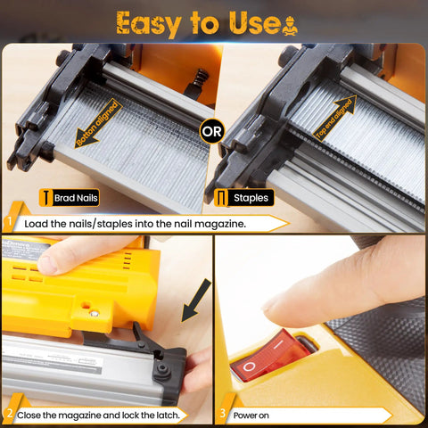 Cordless Brad Nailer Built Tough For Long Shifts With No Sweat instructions for loading brad nails and staples into the magazine.