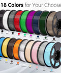 18 spools of PETG filament in assorted colors for 3D printing, including Brown+Skin and Black, with outdoor UV resistance and toughness.