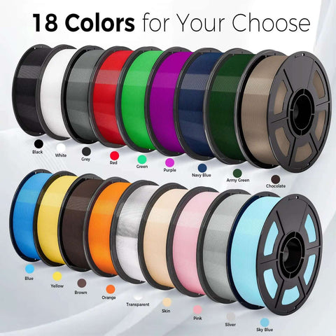 18 spools of PETG filament in assorted colors for 3D printing, including Brown+Skin and Black, with outdoor UV resistance and toughness.