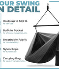 Hanging Hammock Chair Outdoor Swing For Camping And Travel, Collapsible Tree Pod Style Hammock With Side Pocket, features and parts