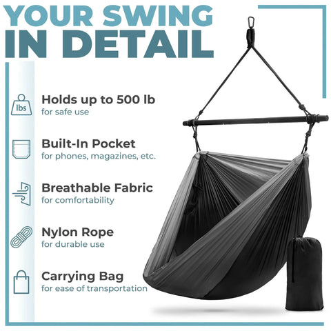 Hanging Hammock Chair Outdoor Swing For Camping And Travel, Collapsible Tree Pod Style Hammock With Side Pocket, features and parts