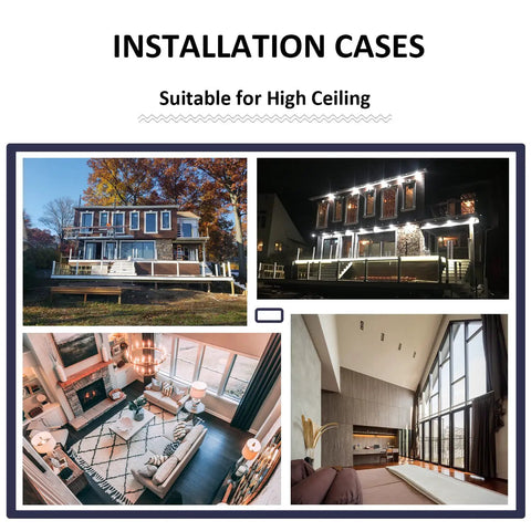 Installation examples of Canless Recessed Gimbal Downlight Kit For 20 Ft Ceilings in residential and commercial settings.