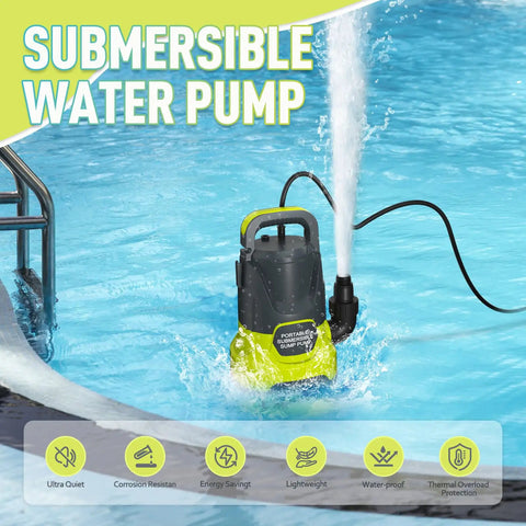 Portable 1 HP Submersible Sump Pump 4500 GPH Water Transfer Pump with Adapters in pool, water gushing, yellow color.