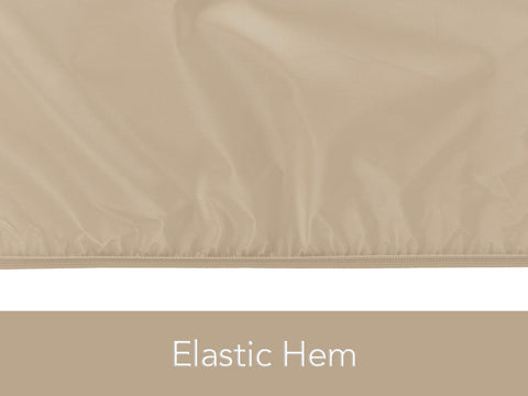 Elastic hem detail of Classic Outdoor Chair Cover For Patio, Dining And Lounge Chairs, weather-resistant tan material.