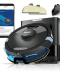 2In1 Robot Vacuum And Mop With Sonic Mopping And Matrix Clean Boss Level Cleaning Self Empty Base Home Mapping CleanEdge Edge Cleaning Pet Hair Power HEPA Bagless WiFi Connected Auto Dock Black And Silver with smartphone app interface.
