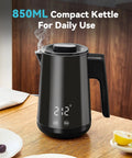 850Ml Small Electric Kettle With Temperature Control Your Quick Heat Buddy 800W Fast Boil Double Wall 304 Stainless Steel Five Temperature Presets Auto Shut Off Safe For Tea And Coffee Compact Kitchen Office Dorm Black kettle on table