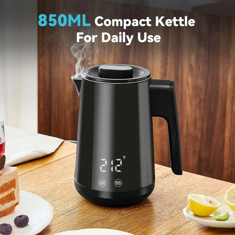 850Ml Small Electric Kettle With Temperature Control Your Quick Heat Buddy 800W Fast Boil Double Wall 304 Stainless Steel Five Temperature Presets Auto Shut Off Safe For Tea And Coffee Compact Kitchen Office Dorm Black kettle on table
