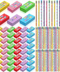 Back To School Gift Set 96 Pcs Pencil Eraser Pack For Kids Classroom Fun with colorful erasers and inspirational pencils
