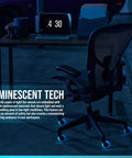 Heavy Duty Office Chair Wheels Set Of 5 Rollerblade Casters 3 Inch thick glowing wheels under a black office chair in a dim workspace.
