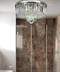 Modern Crystal Chandelier Flush Mount 6 Light Ceiling Fixture With Chrome Base And Dangling Crystals 16 Inch Diameter in bathroom