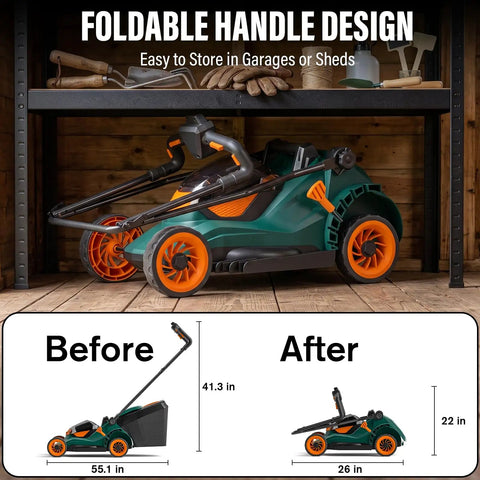 40V Cordless Push Lawn Mower With Brushless Motor 17 Inch Deck 5 Position Height Adjustment Low And High Speed Modes At 3300 RPM And 3700 RPM For Smooth Clean Cuts, folded for storage