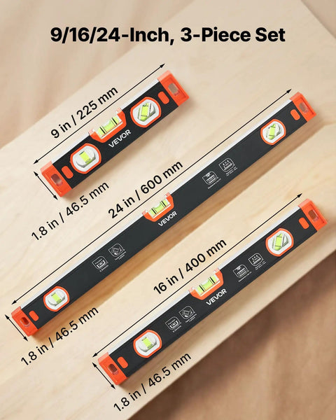 Top Shelf 3 Piece Magnetic Torpedo Level Kit, 9 16 24 Inch Aluminum Spirit Levels, Rock Solid Magnets, V Groove Base,Easy Hang Loop For Tradesmen And Weekend Warriors