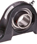 Hella Rugged Cast Iron Pillow Block With Setscrew Locking And Dual Bolts for shaft support, featuring rubber sealed ball bearing.