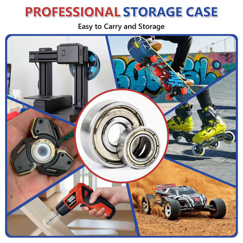 74 Piece Ball Bearing Assortment Kit Featuring Six Essential Sizes For Smooth 3D Printer Assembly, Skate Gear Upgrades, And Home Repairs displayed with tools and gear.