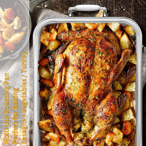 15 Inch Stainless Steel Roasting Pan With Cooling Rack For Juicy Turkey Chicken And Ham Roaster Includes V-Shaped Baking Rack And Nonreactive Metal For Healthy Cooking And Easy Cleanup.