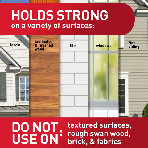 Damage Free Outdoor Wall Hooks Kit With Weather Resistant Strips showing suitable surfaces: fascia, wood, tile, windows, siding.