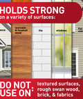 Clear Outdoor Light Clips 4 Pack With 64 Clips And 80 Adhesive Strips For Damage Free Hanging chart showing suitable surfaces