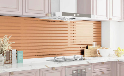 Ridiculously Sleek Rose Gold Metallic Peel And Stick Wall Panels Shimmer Stripe in modern kitchen backsplash design.