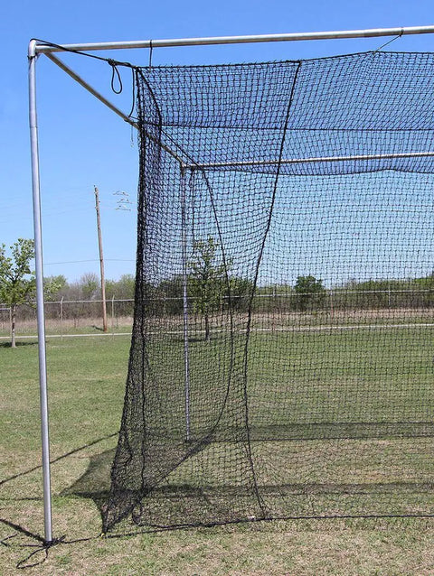 Batting Cage Net Only 10 Ft High By 12 Ft Wide By 50 Ft Long With Door 42 Ply HDPE close-up of netting in backyard setup
