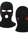 Three Hole Knit Ski Mask Balaclava for Winter Warmth, Full Face Cover with Heart Design, black knit mask with 3 holes.