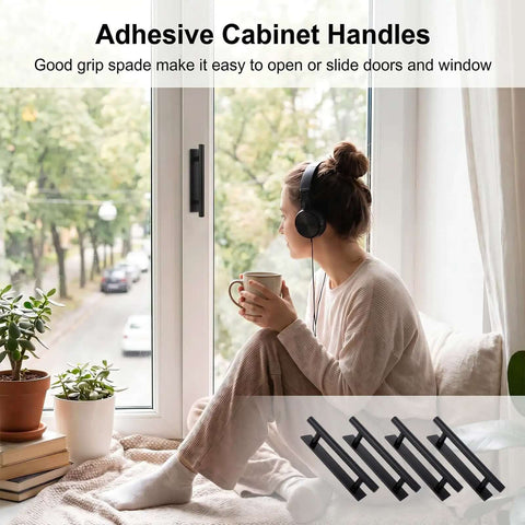 Woman with headphones near window featuring 4 Pack Self Stick Cabinet Handles Pulls No Drill Install ABS Plastic Drawer Pulls
