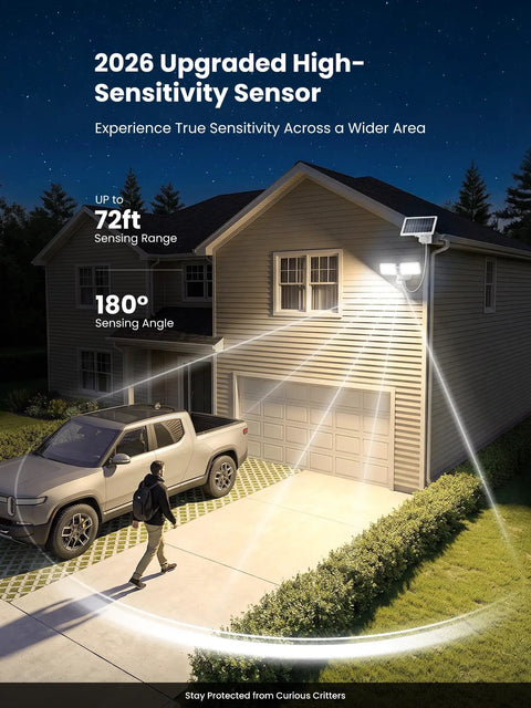 Onforu 36W Solar LED Security Lights, PIR Motion Sensor Outdoo for Yard illuminating driveway with high-sensitivity sensor.