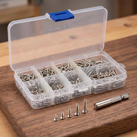 Top Tier M2 Stainless Steel Screws Assortment Kit With Phillips Head Fasteners displayed in clear organizer box for furniture builds.