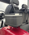 Red 48 Volt 105 Ah Lithium Electric Golf Cart With Spacious Built In Insulated Cooler side view of cooler attachment and seat