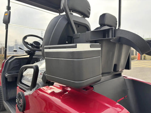 Red 48 Volt 105 Ah Lithium Electric Golf Cart With Spacious Built In Insulated Cooler side view of cooler attachment and seat