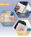 MED PRIDE anti-fog lens and screen cleaning wipes, 200-count, shown cleaning glasses, phones, and camera lenses.