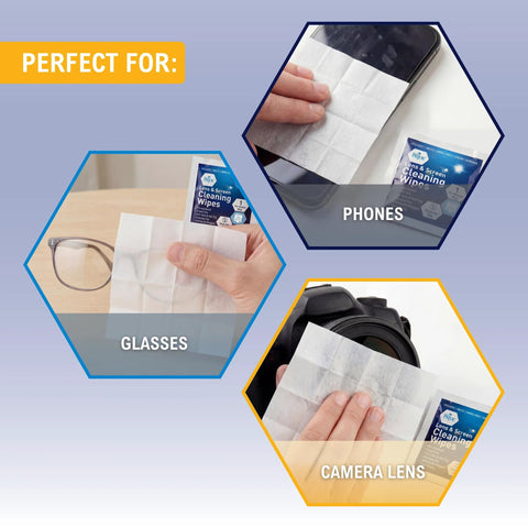 MED PRIDE anti-fog lens and screen cleaning wipes, 200-count, shown cleaning glasses, phones, and camera lenses.
