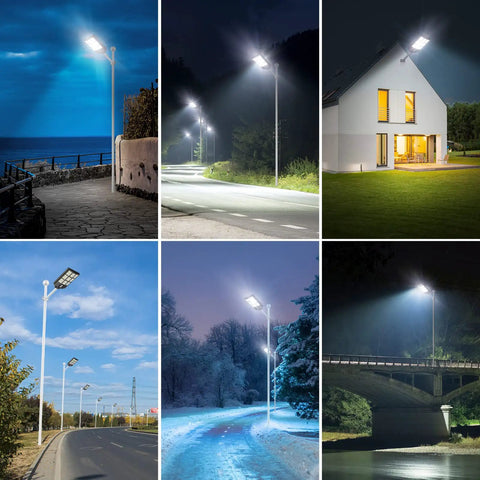 Beast Bright 3200W Solar Street Light illuminating parking lots, roads, and gardens, showcasing IP66 waterproof outdoor security flood light